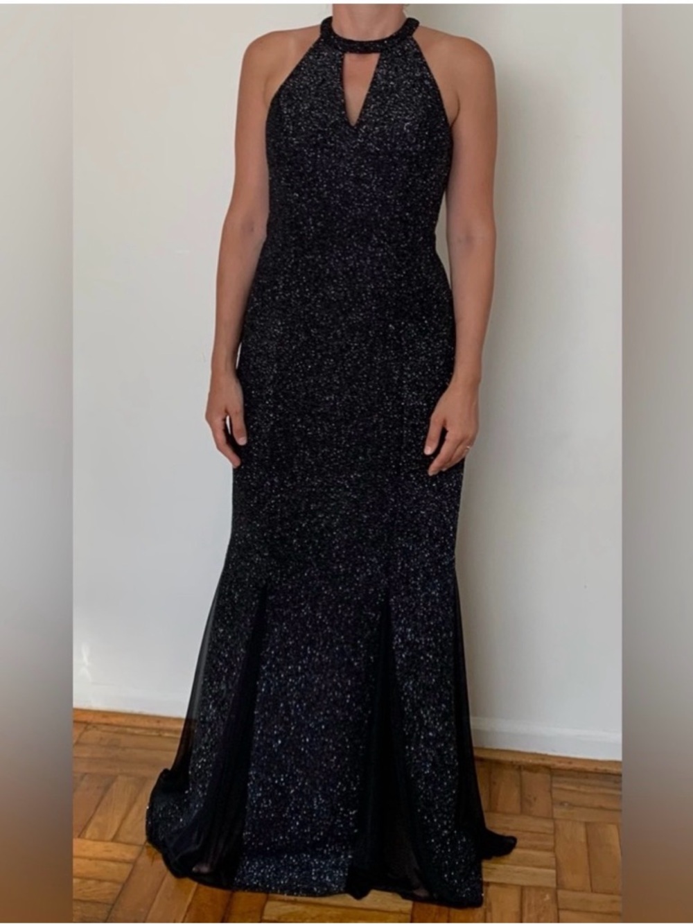 Night Way Collections Black Glitter Halter Maxi Gown